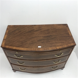  George III mahogany bow front bachelors chest, single slide above three graduating drawers, satinwood cross banding, ebony and box wood stringing, brass swan neck handles, shaped apron, tapering bracket supports, W103cm, H48cm, D55cm  