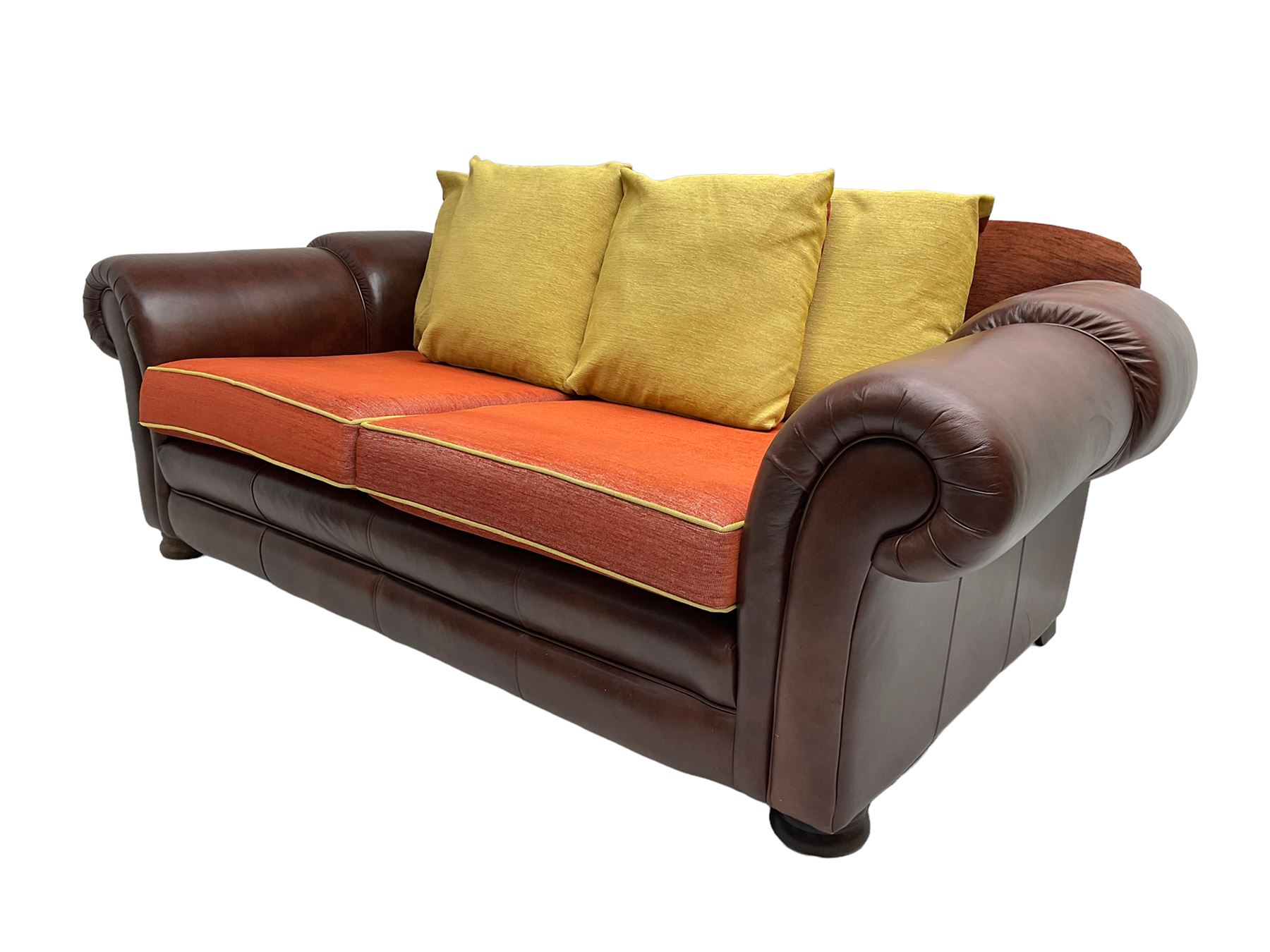 Gainsborough Lounge Suites - three piece leather and fabric lounge suite - pair two seat sofas (W225cm, H82cm, D105cm), and matching armchair (W88cm), on turned front feet with scatter cushions