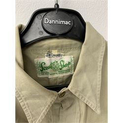 Mid 20th century Boy Scouts uniform, comprising corduroy shorts, further pair of shorts, two shirts, socks, and felt hat, together a framed collection of Ogden's 'Boy Scots' cigarette cards, and an unframed print of Lord Baden Powell. 