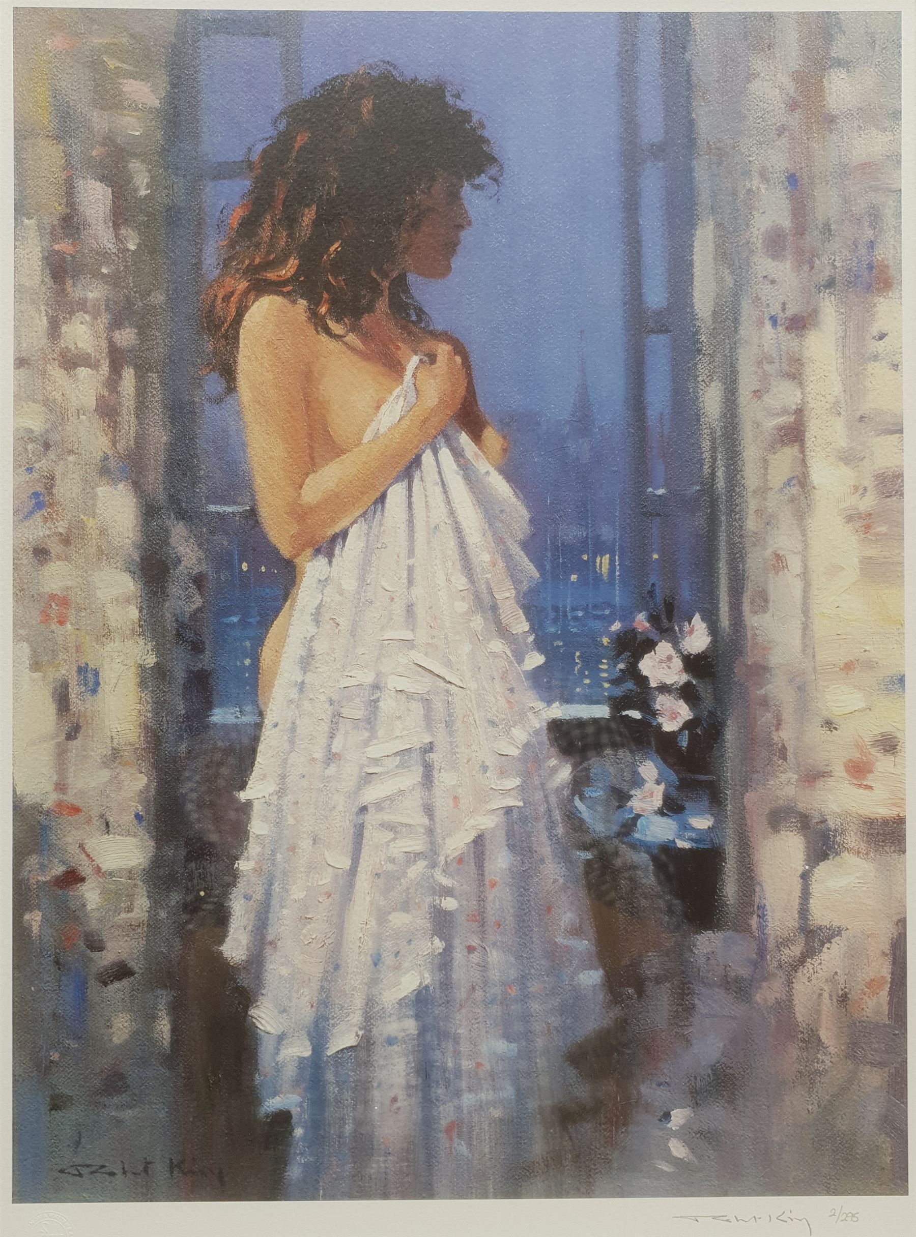 Steven Townsend (British 1955-): Sunset, limited edition colour print signed and numbered 62/195 in pencil 43cm x 43cm; Gillian McDonald (British Contemporary) 'Moorland Light I', limited edition colour print signed titled and numbered 61/195 in pencil 60cm x 46cm; Robert King (British 1936-): 'Window at Twilight', limited edition colour lithograph signed and numbered 2/295 in pencil pub. Solomon & Whitehead 41cm x 30cm (3)