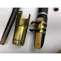 Disassembled early 20th century Boys Brigade snare drum D37cm with copy WW1 period photograph of the Kirbymoorside Boys Brigade; early 20th century hardwood clarinet; bagpipes chanter; and Dulcet E-flat penny whistle