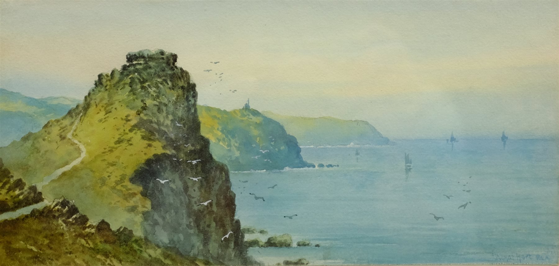  Thomas Hart (British 1830-1916): 'Castle Rock, Lynton', watercolour signed, titled on the mount, Geoffrey H Douthwaite (British 20th century): Scarborough Harbour, watercolour signed, and a drypoint etching of Chester indiscinctly signed in pencil, max 33cm x 47cm (3)  