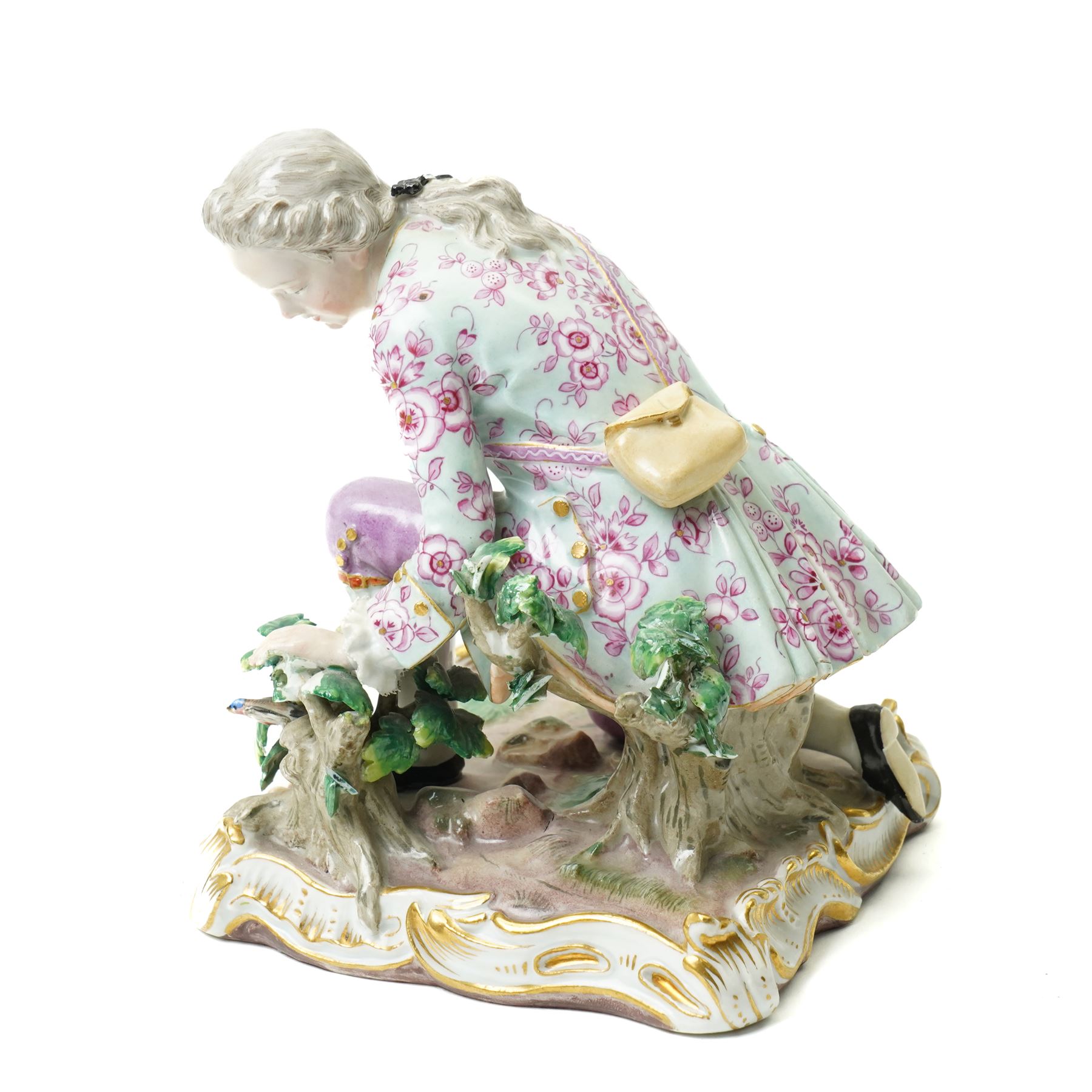 19th century Meissen figure of a gallant kneeling on gilded square base H16cm