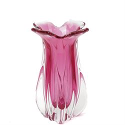 Four mid-century art glass examples, including a green 'Bullet Lens' vase designed by Rudolf Schrotter for Sklo Union, a Vicke Lindstrand for Orrefors ‘Polaris’ bowl, and two further pieces by Josef Hospodka for Chribska, max H23cm (4)