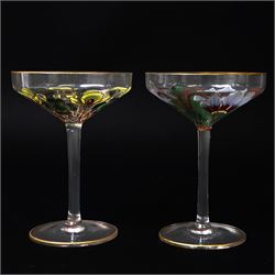 Pair of early 20th century Theresienthal Art Nouveau hand painted glass champagne coupes, ...