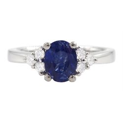 Platinum oval cut sapphire and six stone round brilliant cut diamond ring, hallmarked, sapphire approx 0.90 carat