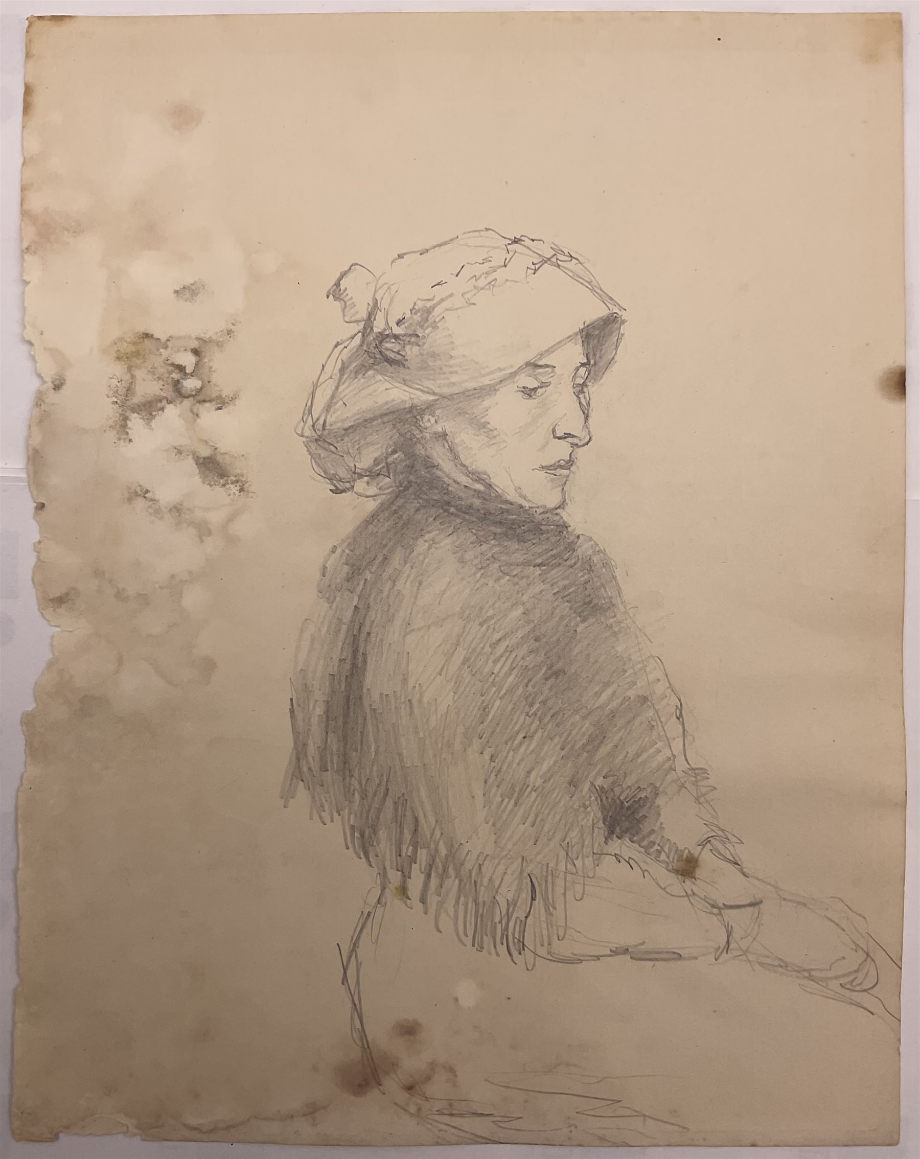 Attrib. Harold Knight (Staithes Group 1874-1961): 'Maggie Ward Verrill' 'Mrs Hannah Ward' et al., six pencil sketches unsigned some titled 26cm x 20cm (6) (unframed) 
Provenance: Hannah Ward was the vendor's great great grandmother and Margaret Verrill, Hannah's daughter. The Ward/Verrill families who lived in Gun Gutter and Church Street Staithes, had connections with Harold Knight. Hannah who owned three or four cobles and several properties in Staithes probably features in several of Knight's paintings.