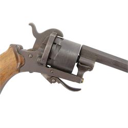 19th century Belgian pinfire six-shot revolver with folding trigger and wooden grip, L18cm 