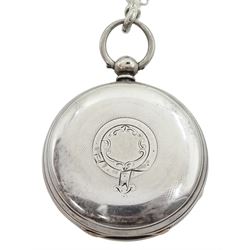 Victorian silver open face fusee lever pocket watch by Adam Burdess, Coventry, No. 11084, white enamel dial with Roman numerals and subsidereary seconds dial, case makers mark IH (possibly John Harris), London 1877, on later silver Albert chain with clip