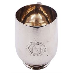 Victorian silver christening mug, with C handle and engraved monogram, upon short circular foot, hallmarked H J Lias & Son, London 1872, H10cm, approximate weight 5.49 ozt (170.7 grams)