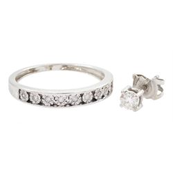 9ct white gold channel set diamond chip half eternity ring and an 18ct white gold  single diamond earring, diamond approx 0.15 carat