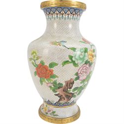 20th century Chinese cloisonné vase, of baluster form, decorated with two peacocks amongst peonies on a white cloud pattern ground, H38cm 