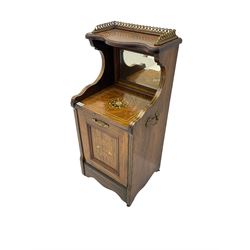 Edwardian inlaid rosewood  fall-front coal purdonium serpentine top with raised fretwork gallery, over bevelled mirror-back, the panelled fall-front door inlaid with foliate patterned ivorine and boxwood, on castors