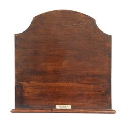 Edwardian Asprey mahogany desktop book trough, the segmental arched back with inlaid fan patera and serpentine shaped sides, above single recess and moulded base rail, housing Asprey & Co Ltd leather bound reference library, comprising Dictionary, French and English Dictionary, English Quotations and Proverbs, Classics and Mythology, Encyclopedia, French and Latin Quotations, Gazetteer, and Atlas, book trough, 22cm x 22.5cm x 11cm
