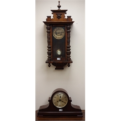  Early 20th century Vienna type wall clock, twin train movement striking the half hours on a gong, H86cm and an arched mahogany cased mantel clock with silvered Arabic dial, twin train movement striking the half hours on a coil, H32cm (2)  
