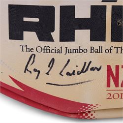 Three signed rugby balls, including 2017 Lions Tour Rhino Jumbo ball, signed by eight players, including Greig Laidlaw, Rugby world cup 2003 example and a 2001 British Lions example