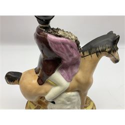 19th century Staffordshire figure of Robert Peel, titled 'Sir Robert Peel', modelled on horseback, atop an oval plinth base featuring a naturalistic and floral design, H30cm 