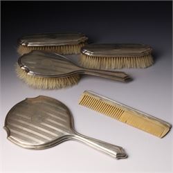 Five piece engine turned silver backed dressing table set Birmingham 1923/24 Maker Docker & Burn Ltd