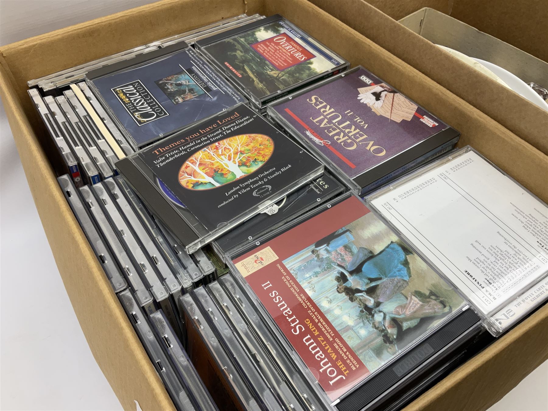 Royal Worcester Gold Chantilly pattern dish, Royal Doulton Naples pattern teapot, Beswick dogs (a/f), other ceramics and glassware to include Royal Doulton etc, die-cast to include Corgi etc, together with a quantity of cds, in five boxes