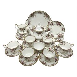  Royal Albert Cottage Garden pattern tea service for six people, comprising teapot, milk jug, sugar bowl, teacups and saucers, side plates and cake plate, all with printed mark beneath