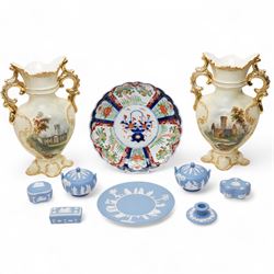 Two vases decorated with Fountains Abbey and Melrose Abbey, Imari charger and various Wedgwood jasperware items, in one box