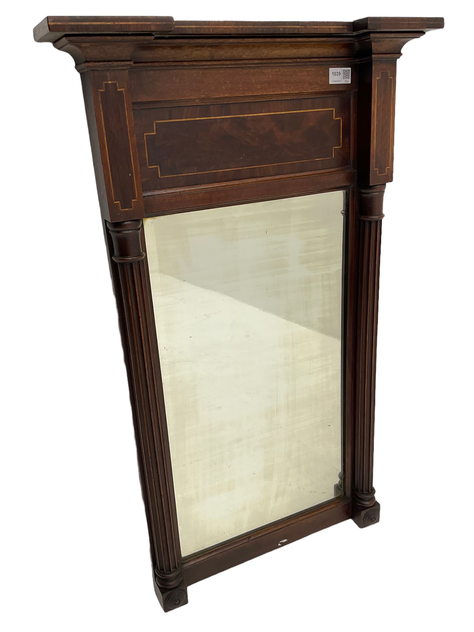 19th century mahogany pier glass mirror, banded and inlaid, two fluted columns