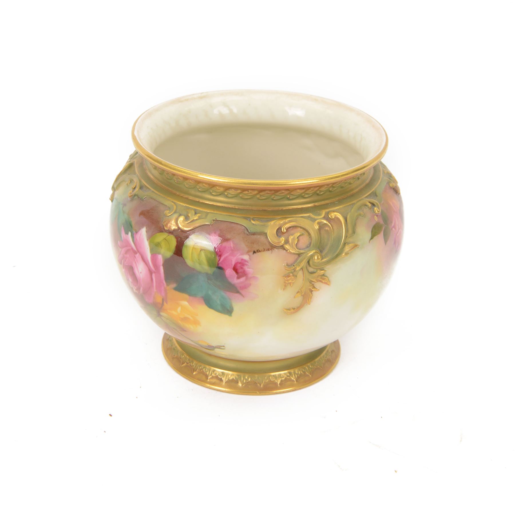Early 20th century Royal Worcester jardiniere, painted  with pink and yellow roses amongst green foliage, signed A. Chidley with printed mark beneath and date code for 1910, H17cm
