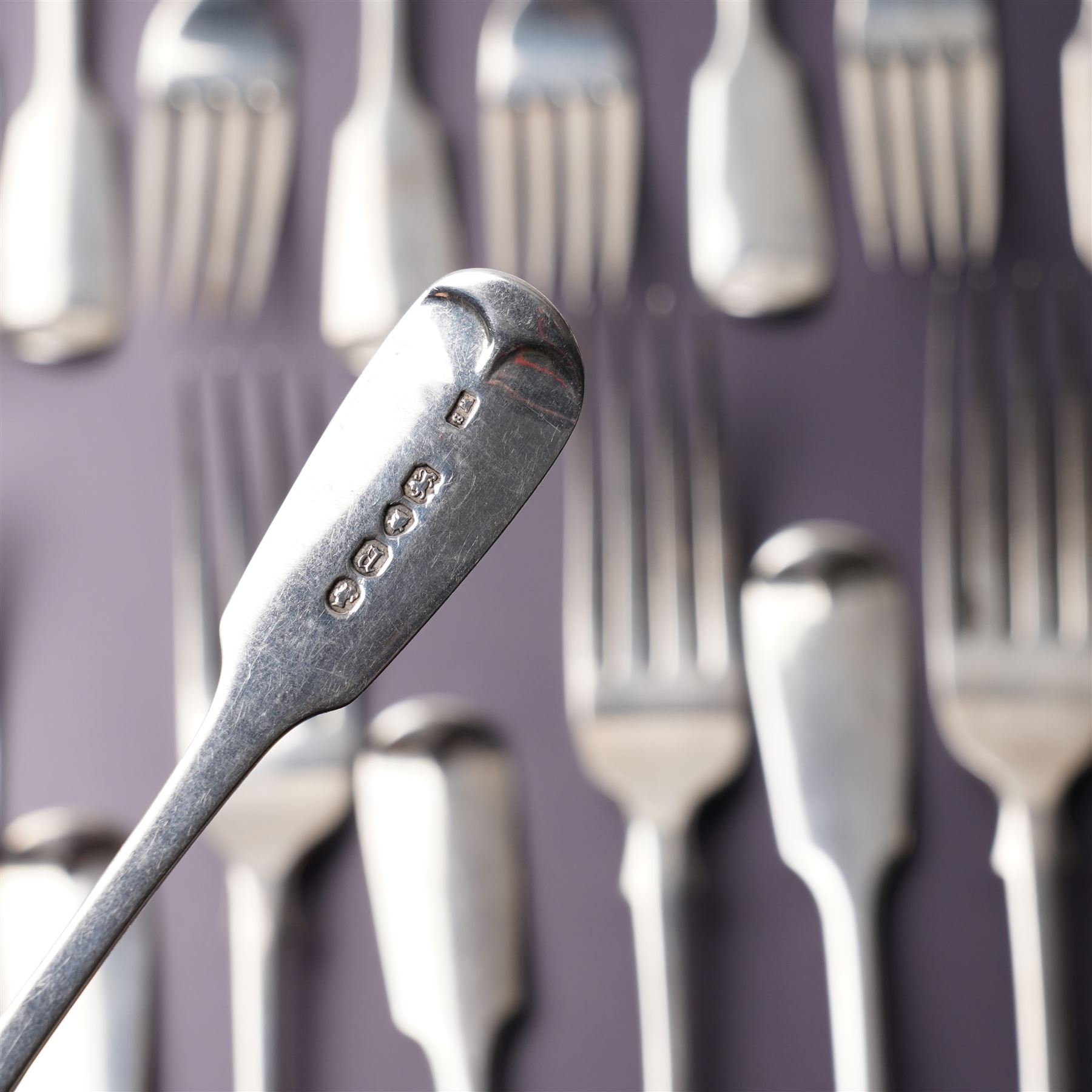 Suite of Victorian silver fiddle pattern cutlery comprising eighteen table forks, seventeen dessert spoons, fifteen dessert forks and three table spoons London 1856 Maker A B Savory & Sons