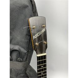 Riselonia banjolele with bird's eye maple back and ribs L60cm; in soft carrying case; together with a Jaccard Switzerland metronome in black plastic pyramid case (2)