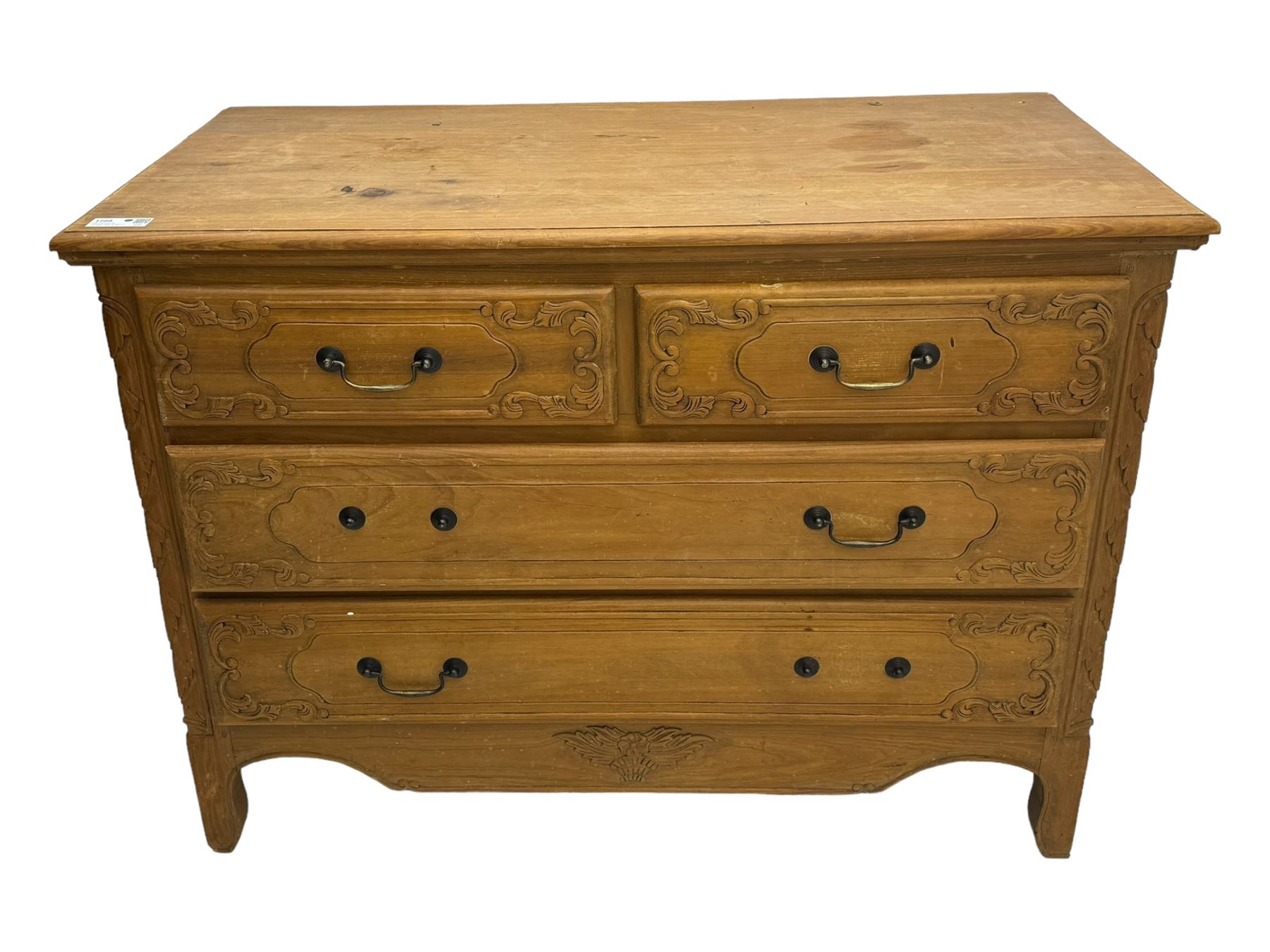 French design hardwood chest, rectangular top with moulded edge over two short and two long drawers with carved scrolling foliate decoration, flanked by carved acanthus leaf columns, on bracket supports