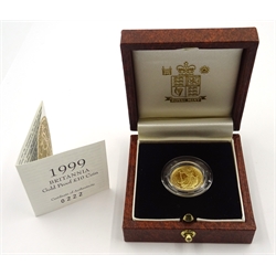 Queen Elizabeth II Royal Mint '1999 Britannia Gold Proof' one tenth of an ounce ten pound coin, cased with certificate, number 222/5750