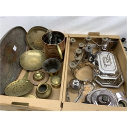  A selection of assorted metalware, to include a number of silver plated items, novelty top hat, part fluted teapot, entree dish and cover, tea pot and coffee pot, pair of candlesticks, large brass slotted spoon, large copper jug, oval copper tray. brass plates, etc.   
