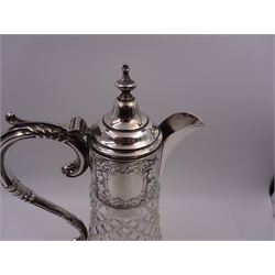 Modern silver mounted glass claret jug, with capped C scroll handle, engraved collar and urn finial to cover, hallmarked Charles S Green & Co Ltd, Birmingham 1973, H32.4cm