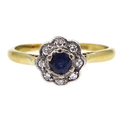  Gold sapphire and diamond cluster ring, stamped 18ct & Plat   