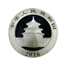 Five China 30g fine silver Panda coins, dated 2016, 2017, 2018, 2019 and 2020