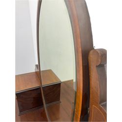 James Shoolbred & Co. London - Edwardian inlaid mahogany dressing table, oval swing bevelled mirror back with four small trinket drawers, rectangular moulded top with satinwood band over five drawers, square tapering supports with brass castors, stamp to drawer 