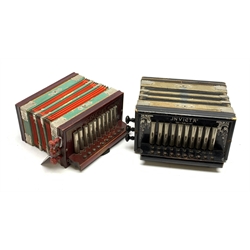 Czechoslovakian 'Invicta' accordion, the ebonised case with silvered decoration, thirteen buttons and three stops L28cm; and another similar by Dulcet Saxony (2)