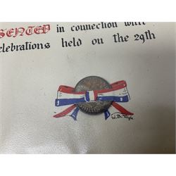 WWI group of three medals with bronze memorial plaque comprising 1914-15 Star, British War Medal and Victory Medal awarded to 16554 Pte. T. Andrew Linc. R. who died on 26th July 1916 whilst travelling to Vimy Ridge, polished and mounted for display in a frame; together with small archive of research material and two WWII V.E. Day Presentation Certificates from the people of Holbeach in Lincolnshire