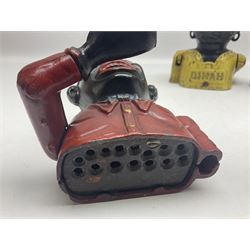 Three early 20th century cast-iron mechanical money banks as a family group comprising mother 'Dinah' patented 1911, father 'Jolly Man' patented 1902 and son 'Little Joe' patented 1910 by John Harper & Co; all with the same hand-to-mouth action; parents H16cm (3)