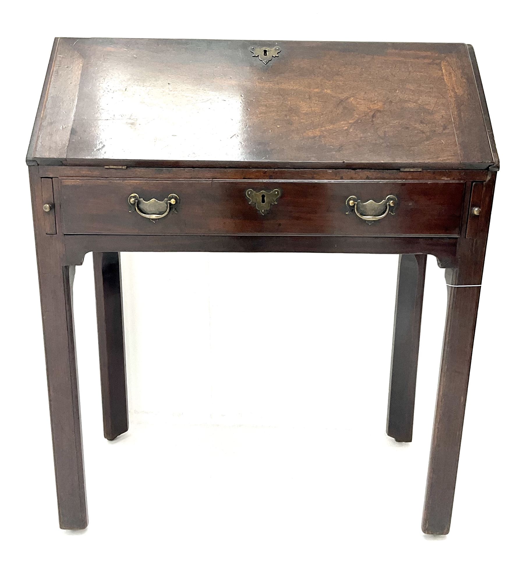 George III mahogany bureau, fall front with sliding stays, single frieze drawer, square supports with inner chamfer and outer moulded edge