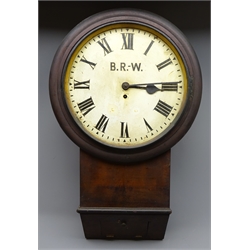  G.W.R drop dial wall clock, white painted circular metal Roman dial later painted B.R-W. with ivorine plaque G.W.R. 1770, fusee movement, H75cm dial 36cm    