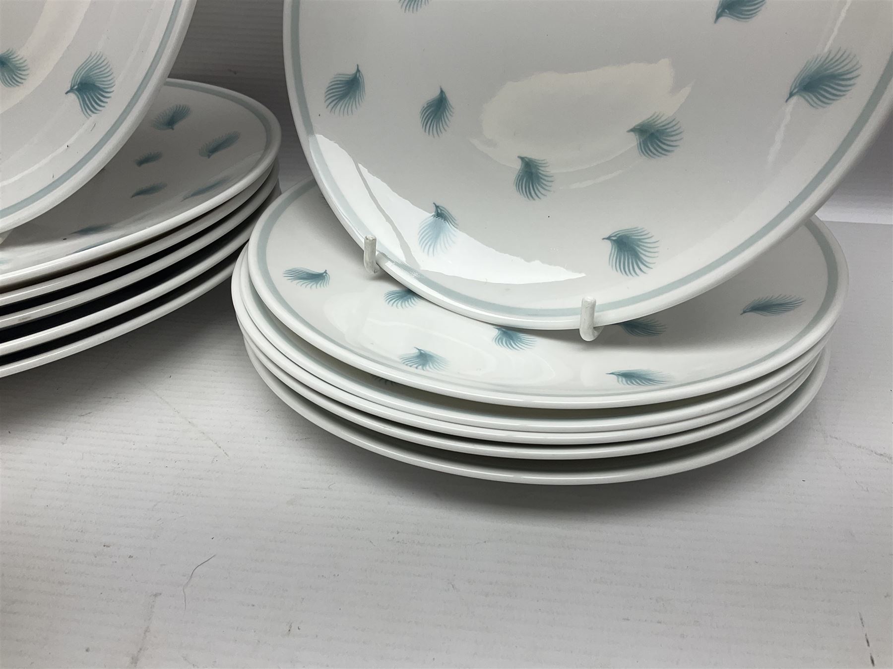 Susie Cooper Whispering Grass pattern dinner wares, to include tureen with cover, six twin handled soup bowls, dinner plates and side plates, etc 