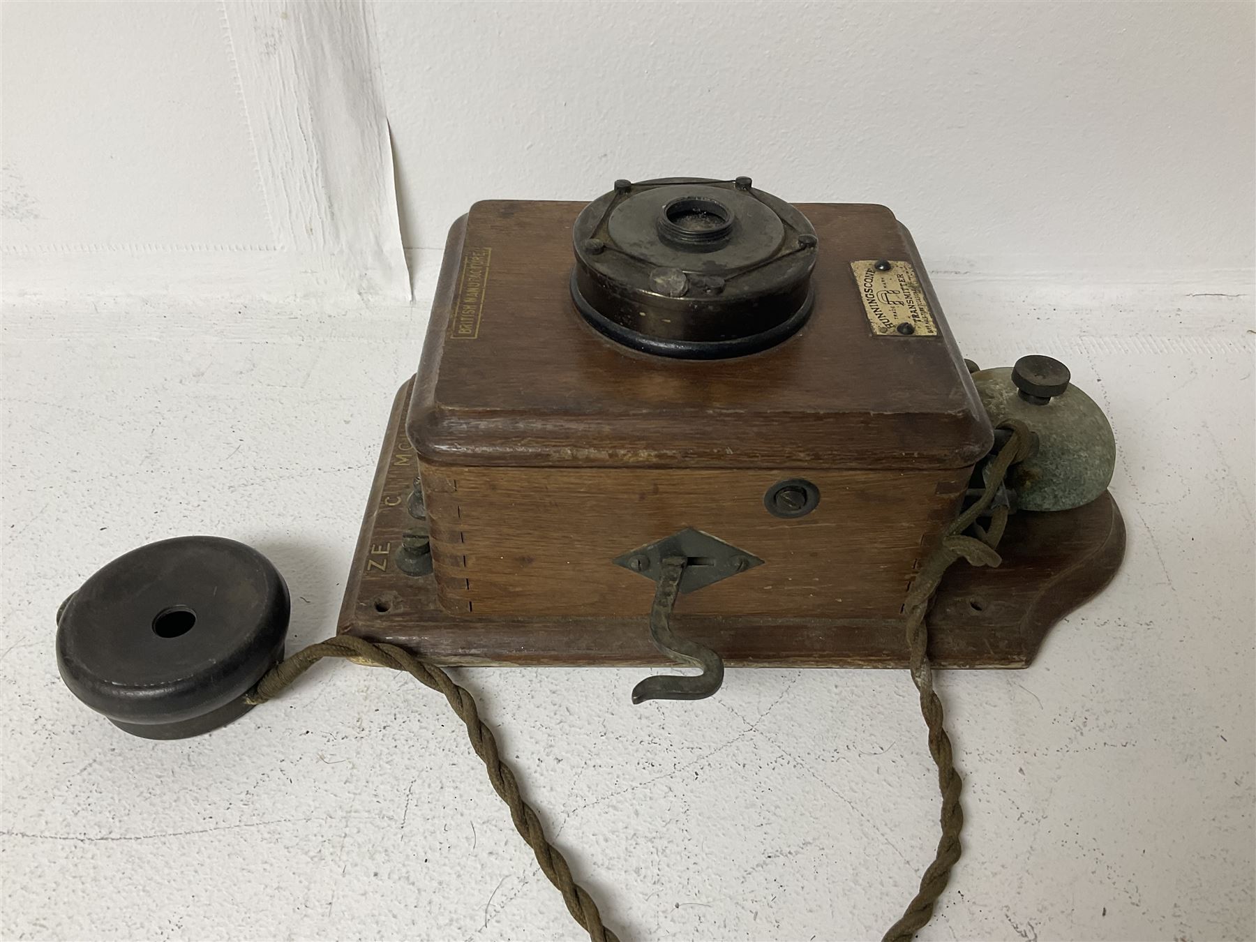 Two Hunningscone patent wall mounting telephones in walnut casing, together with Sterling Telephone & Electric Co. Ltd early wall-mounted telephone 'Primax' and one other 