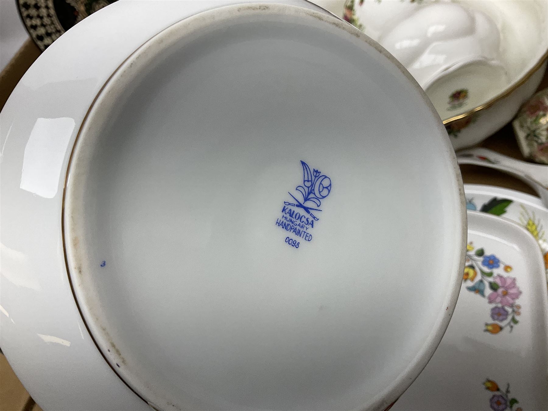 Quantity of ceramics, to include Royal Albert Old Country Roses coffee pot and large bowl, Villeroy & Boch, Wedgwood Majolica, Kalocsa of Hungary, Beswick Basset Hound, Herend of Hungary, mid century vase of tapering form with orange and black striped decoration, etc in three boxes