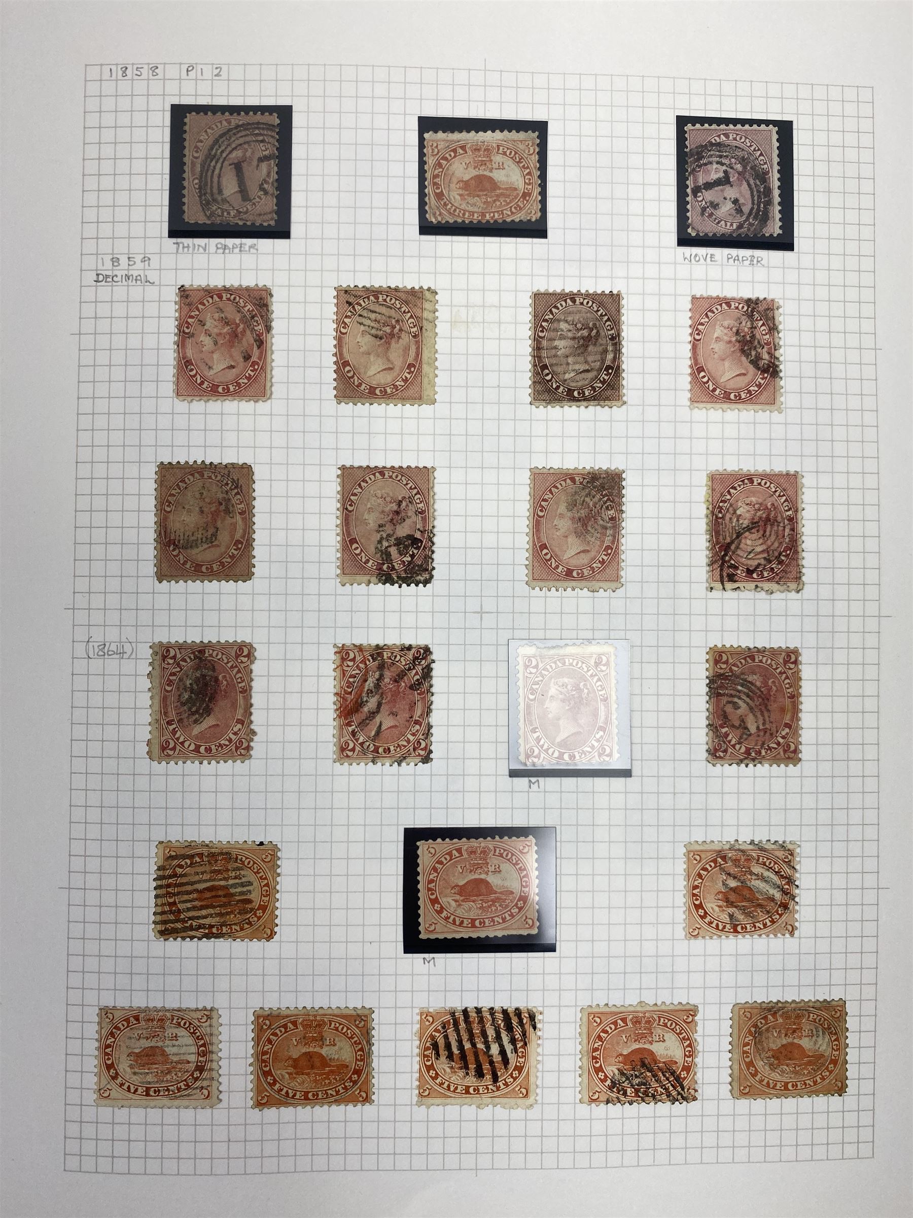 Canada Queen Victoria and later stamps, including 1852-57 six pence, ten pence etc, duplicates throughout showing variation, various King Edward VII issues, stamps on covers, Queen Elizabeth II unused blocks etc, housed in an album