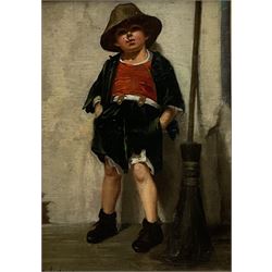 Salvatore Maresca (Italian 19th/20th century): Boy with Sweeping Brush, oil on canvas laid on panel signed 33cm x 23cm in carved limewood Florentine frame