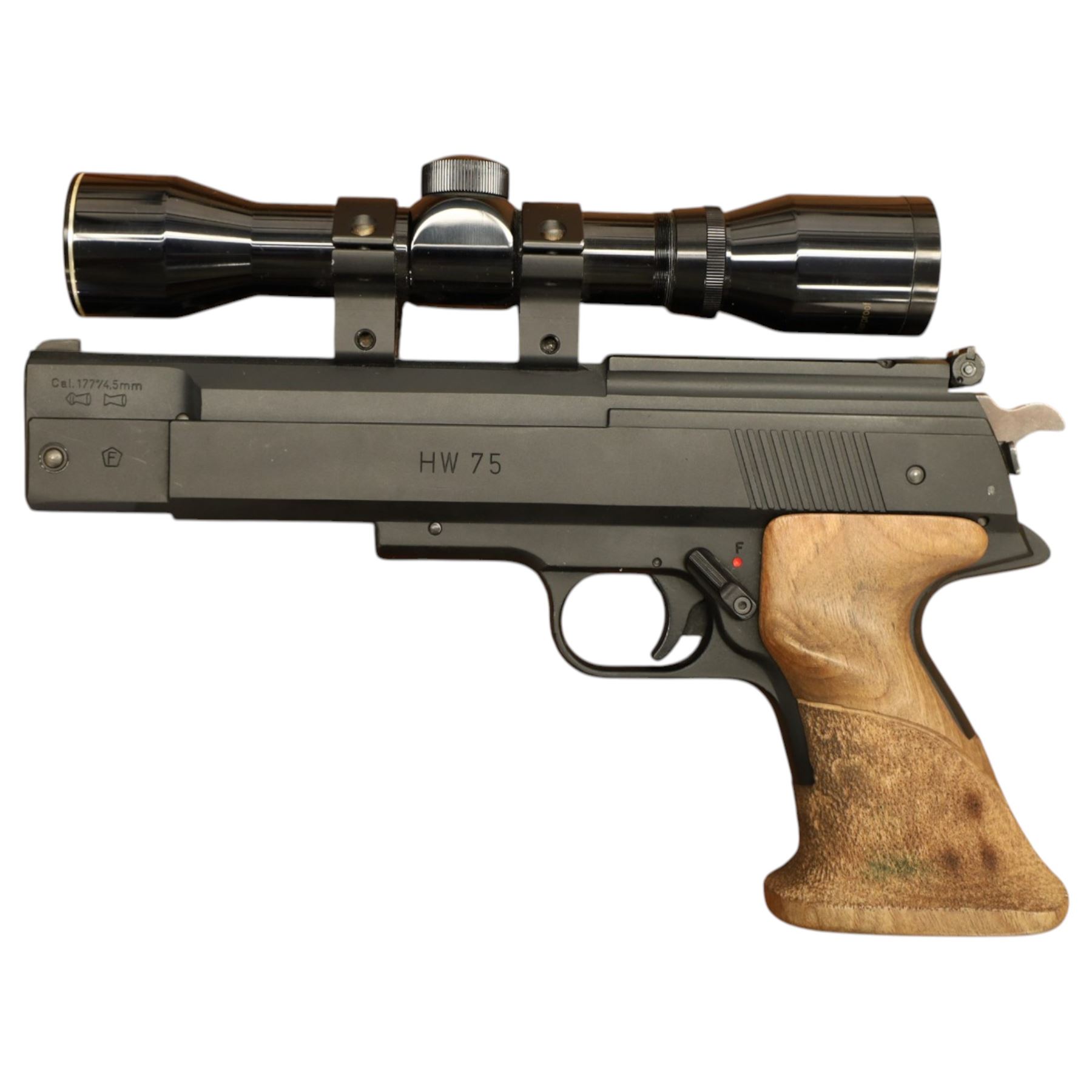 Weihrauch HW75 - .177 Pellet Pneumatic air pistol, Nikko Stirling 2.5x32 pistol scope, boxed in a flight case with paper targets