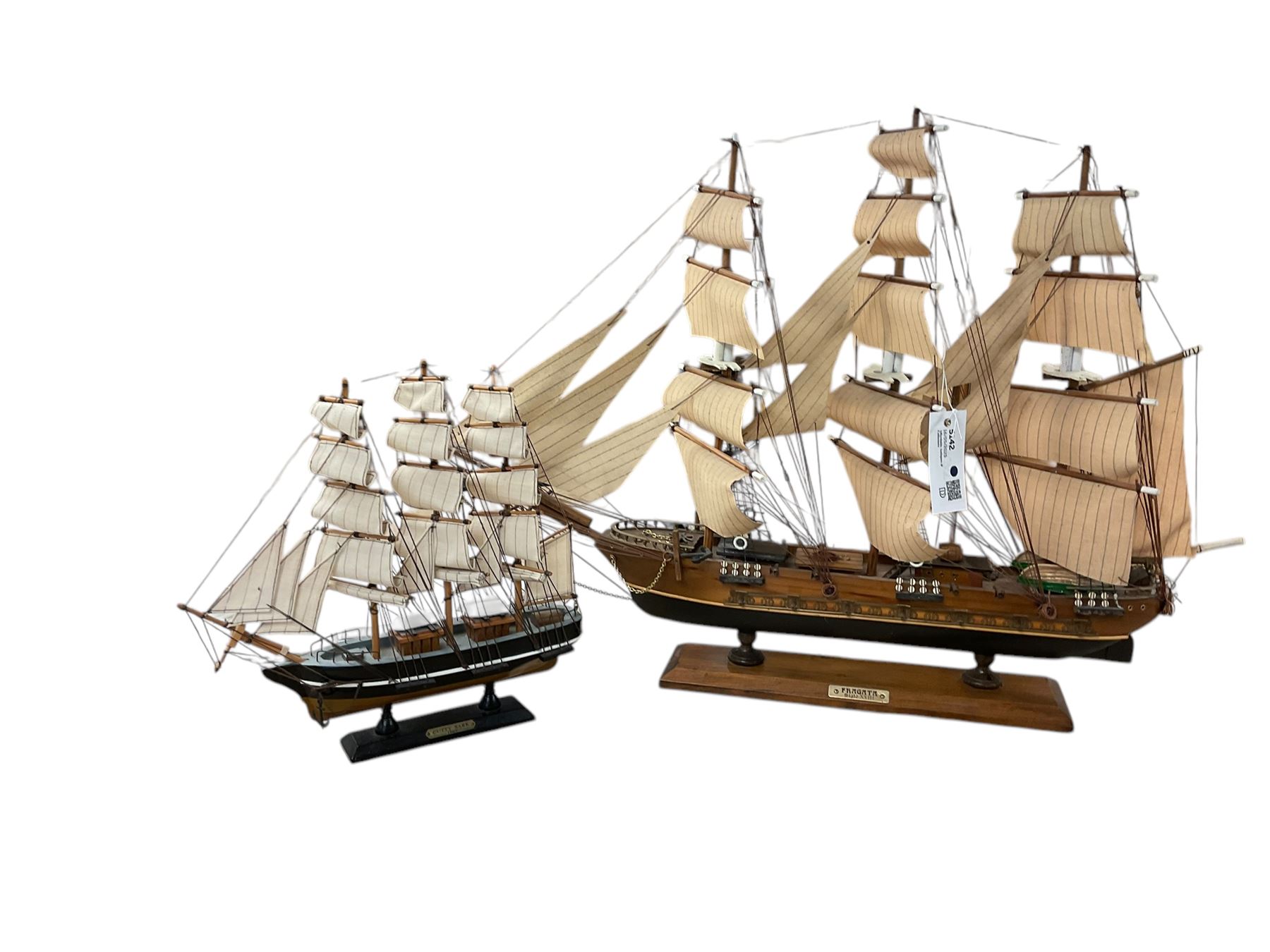 Two model ships, Fragata and Curry Sark, largest H53cm