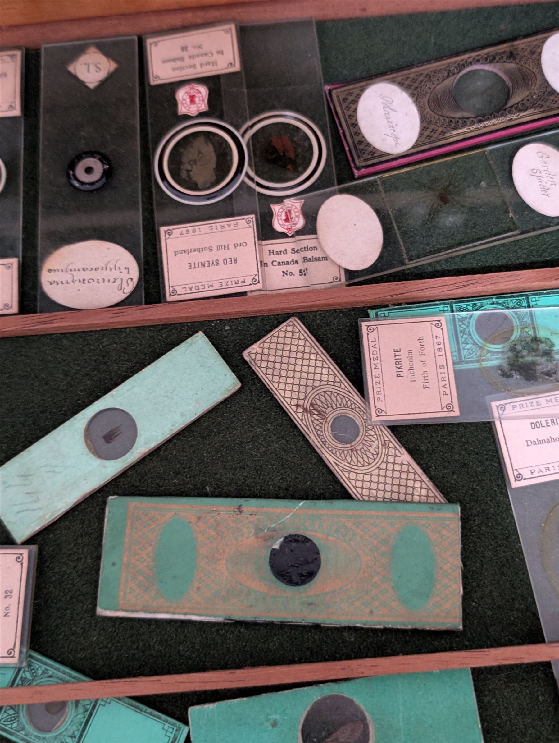 Victorian collector's specimen cabinet, containing a number of prepared microscope slides including miniature photographs, animal and human pathological, physiological and histological specimens and botanical specimens, mostly annotated in ink, the cabinet with glazed door, the drawers with bone handles and lined with green felt, owned by Dr Arthur Bristow, together with a picture of the doctor, cabinet H43cm