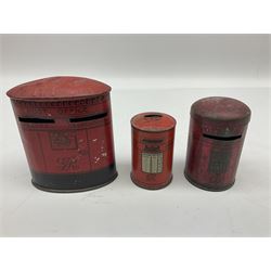 Collection of tin plate money boxes in the form of Royal Mail post boxes, to include four Chad Valley examples, one with key and others similar,  marked VR, GR and ER (10)